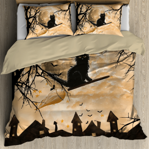 spooky black cat on tree branch halloween spirit duvet cover bedding set bedroom decor 3736