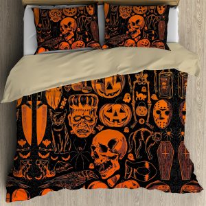 spooky skull pumpkin halloween art duvet cover bedding set bedroom decor 2107