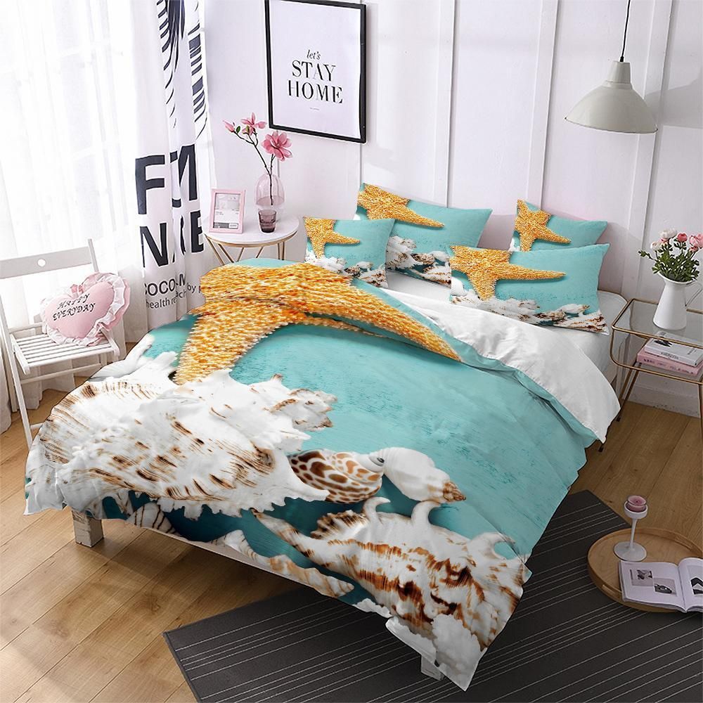 starfish blue printed bedding set bedroom decor 5386