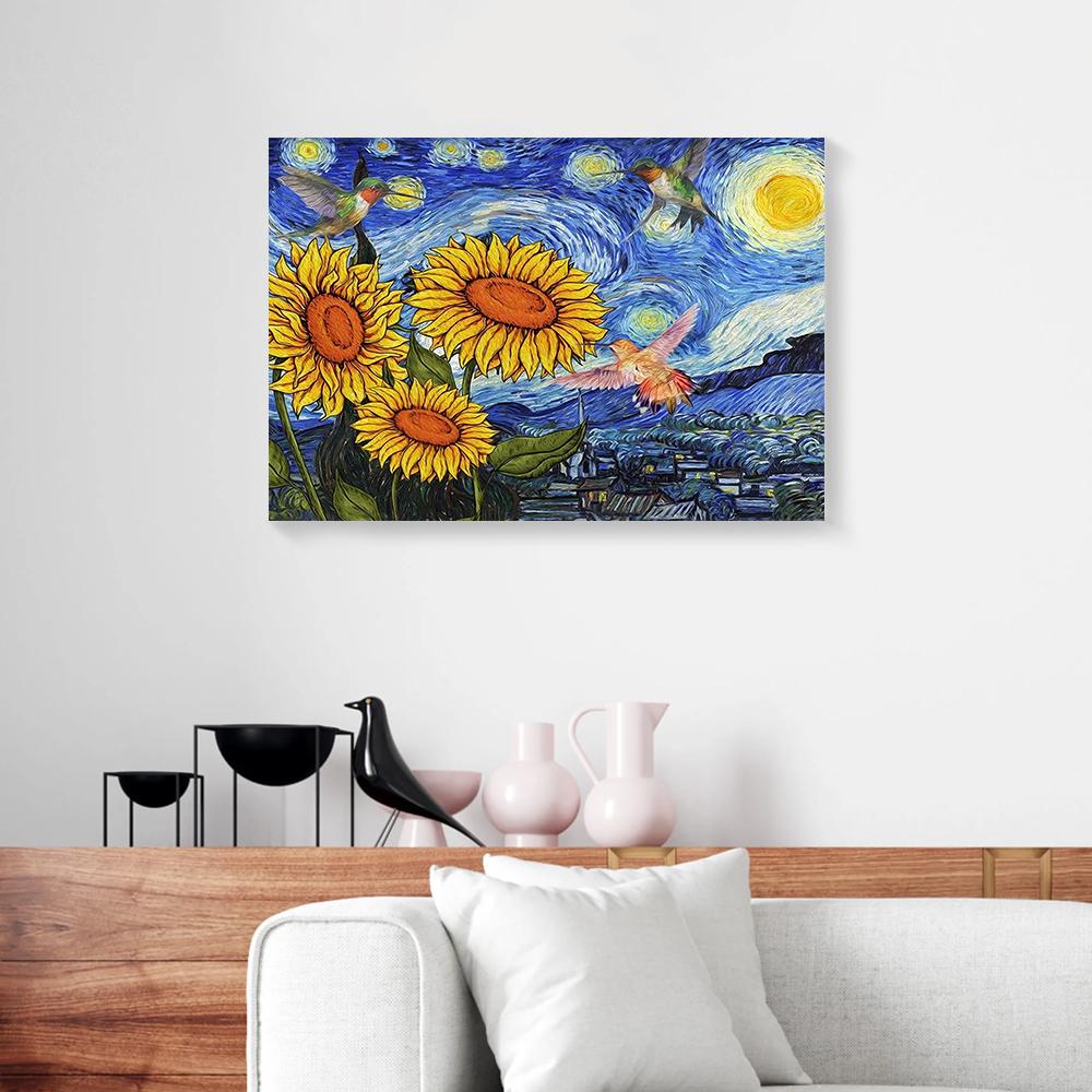 starrynight sunflower hummingbird canvas prints wall art decor 6266