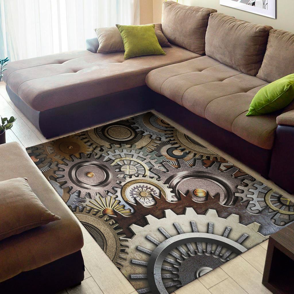 steampunk gears and cogs print area rug floor decor 1073