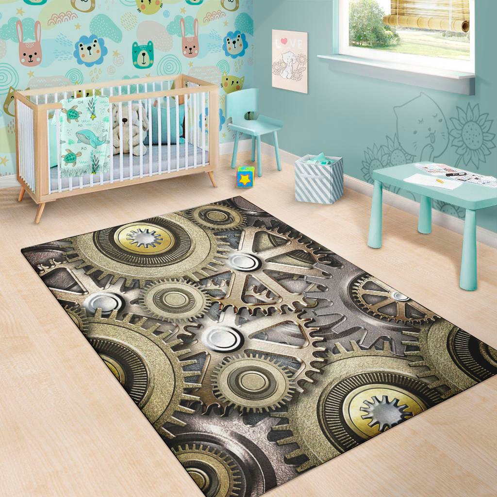 steampunk metallic gears print area rug floor decor 7834