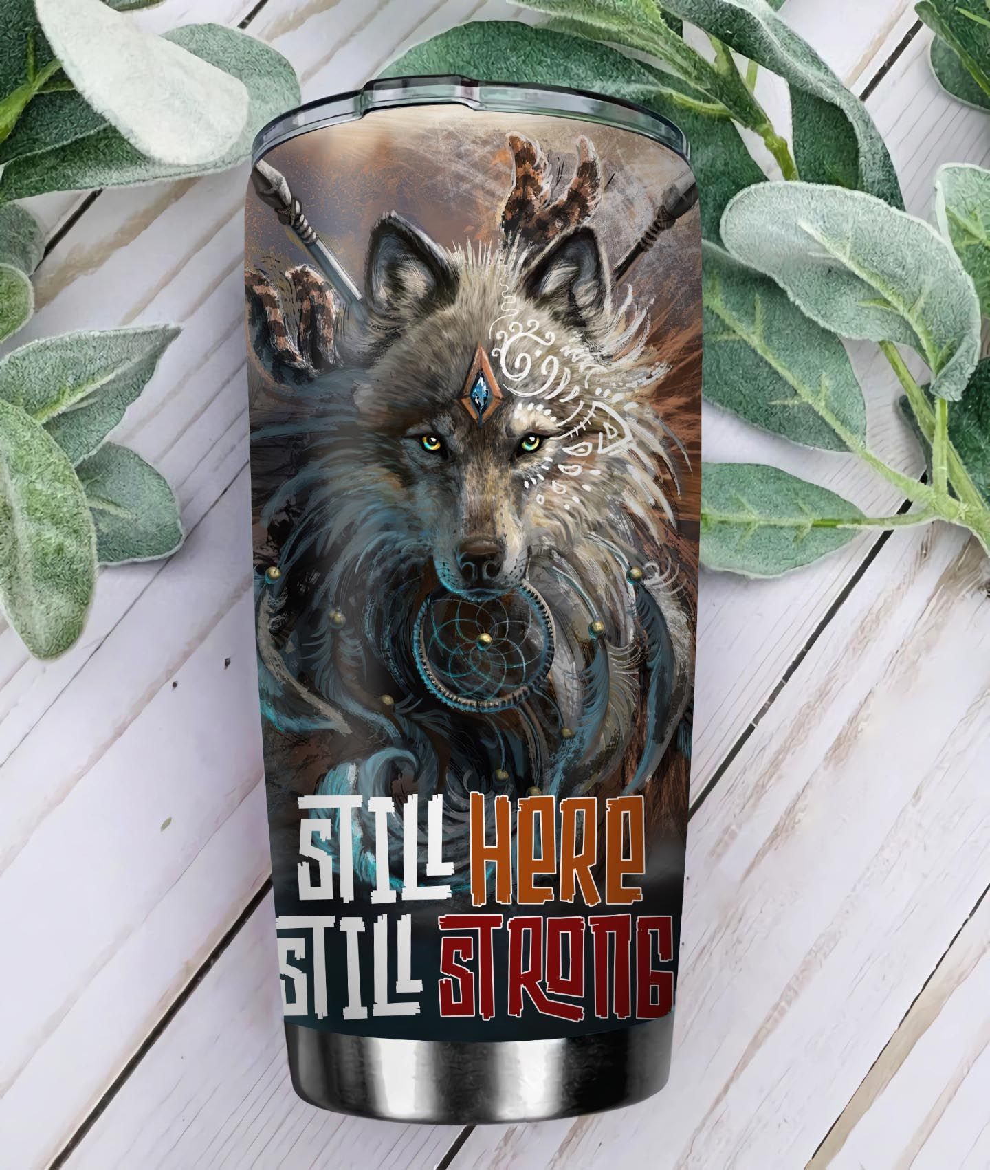 strong native wolf personalized stainless steel tumbler 8372
