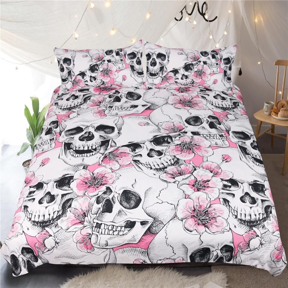 sugar skull cherry blossoms pink floral printed bedding set bedroom decor 6187