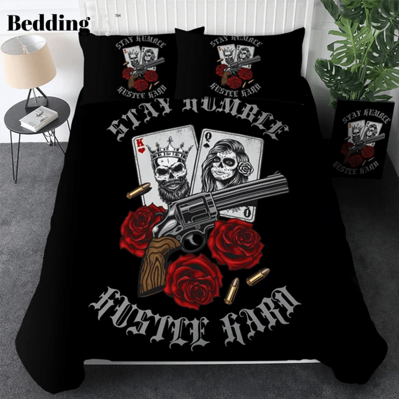 sugar skull playing card roses revolver duvet cover bedding set 4099
