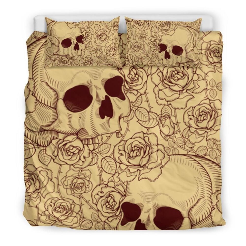 sugar skull rose pattern taupe bedding set bedroom decor 5110