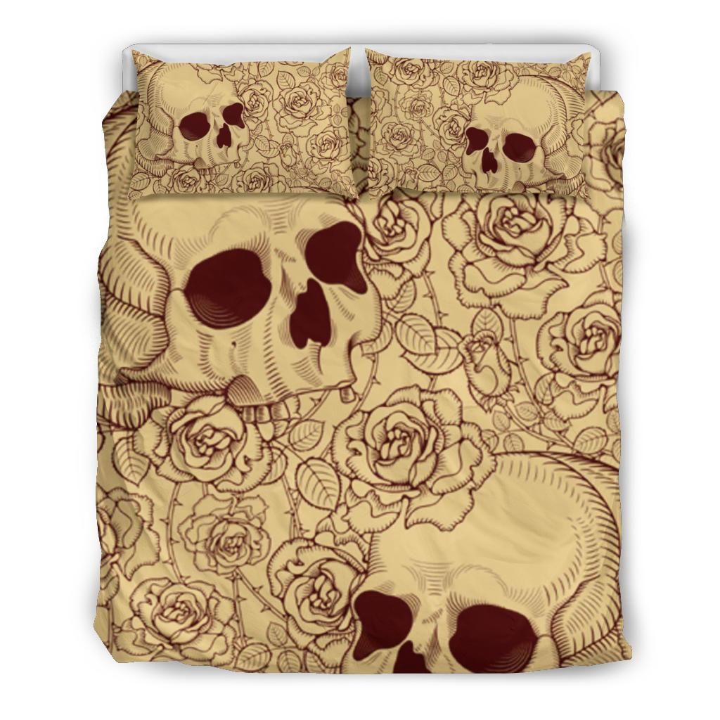 sugar skull rose pattern taupe bedding set bedroom decor 6349
