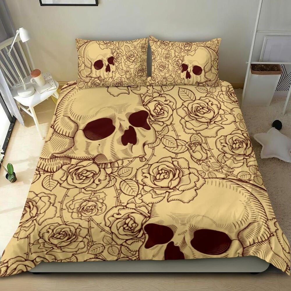 sugar skull rose pattern taupe bedding set bedroom decor 7607