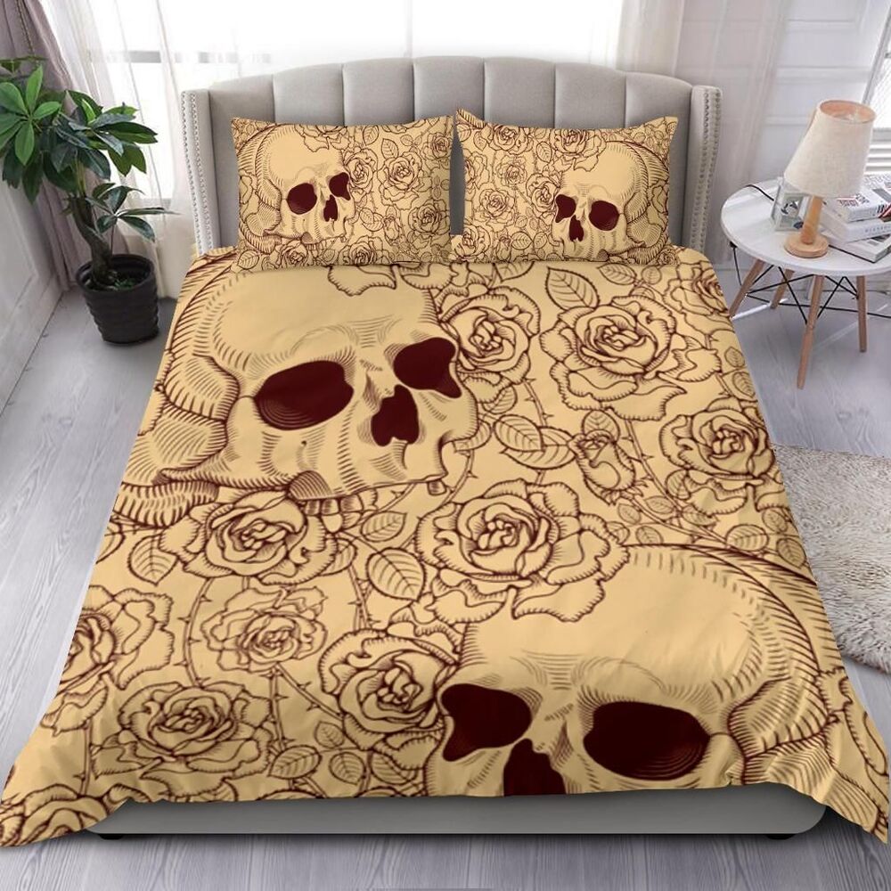 sugar skull rose pattern taupe bedding set bedroom decor 8854