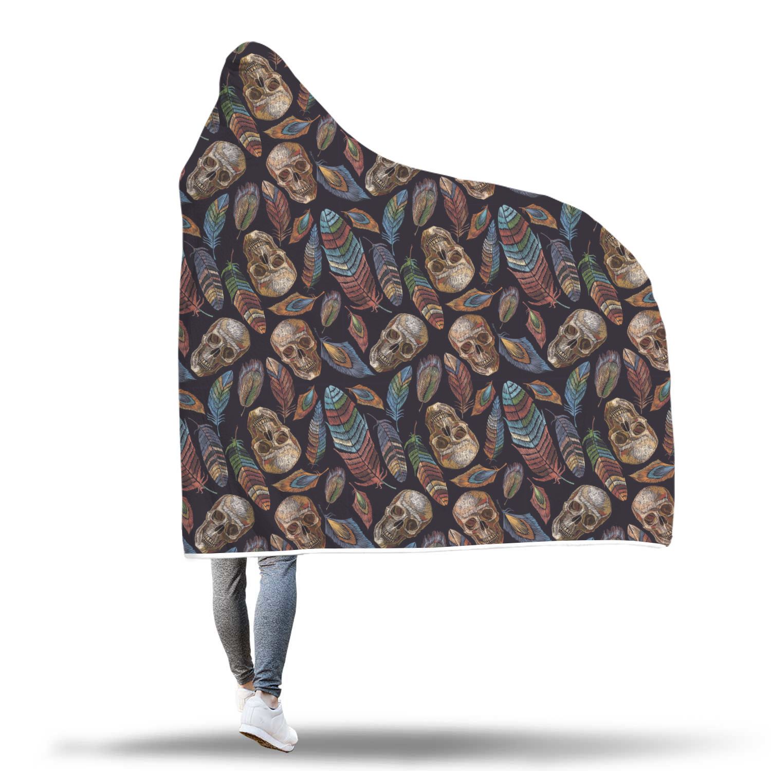sugar skull skeleton girly feather boho pattern print hooded blanket cloak blanket 3944