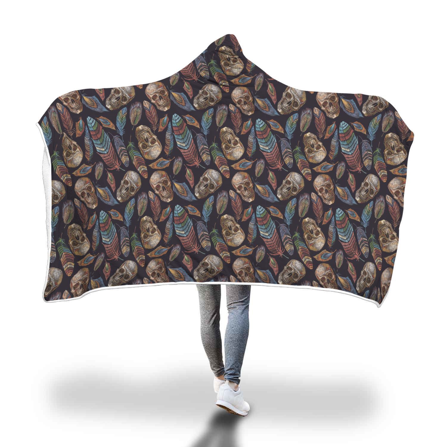 sugar skull skeleton girly feather boho pattern print hooded blanket cloak blanket 4203