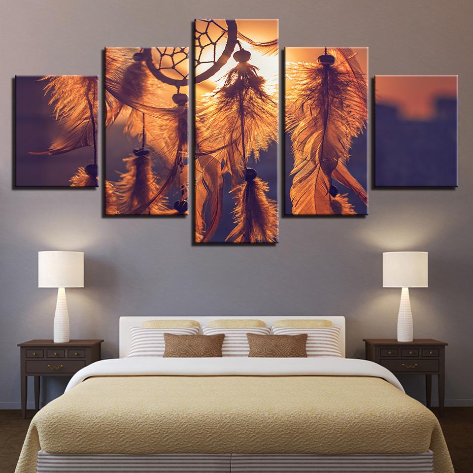 Sunset Dreamcatcher Pictures Feather - Abstract 5 Panel Canvas Art Wall Decor sunset dreamcatcher pictures feather abstract 5 panel canvas art wall decor 4984