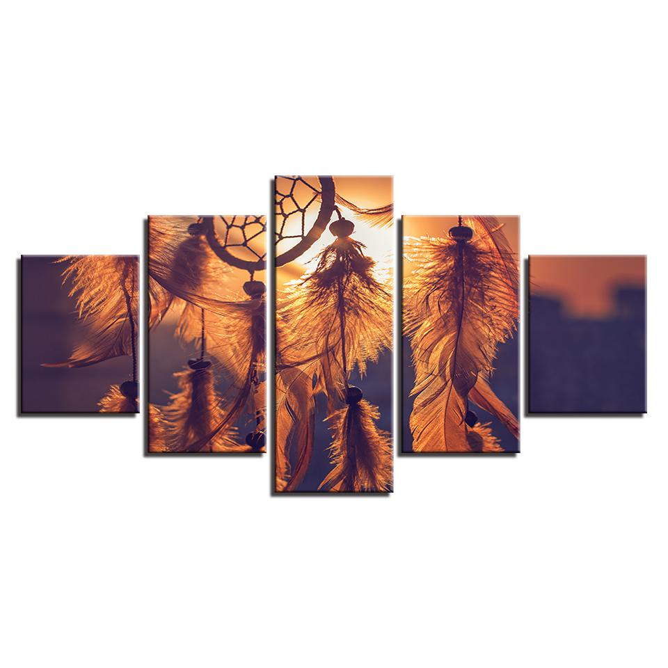 Sunset Dreamcatcher Pictures Feather - Abstract 5 Panel Canvas Art Wall Decor sunset dreamcatcher pictures feather abstract 5 panel canvas art wall decor 7052
