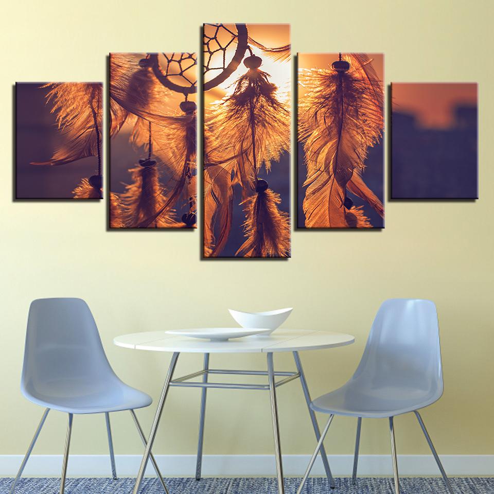 Sunset Dreamcatcher Pictures Feather - Abstract 5 Panel Canvas Art Wall Decor sunset dreamcatcher pictures feather abstract 5 panel canvas art wall decor 7950