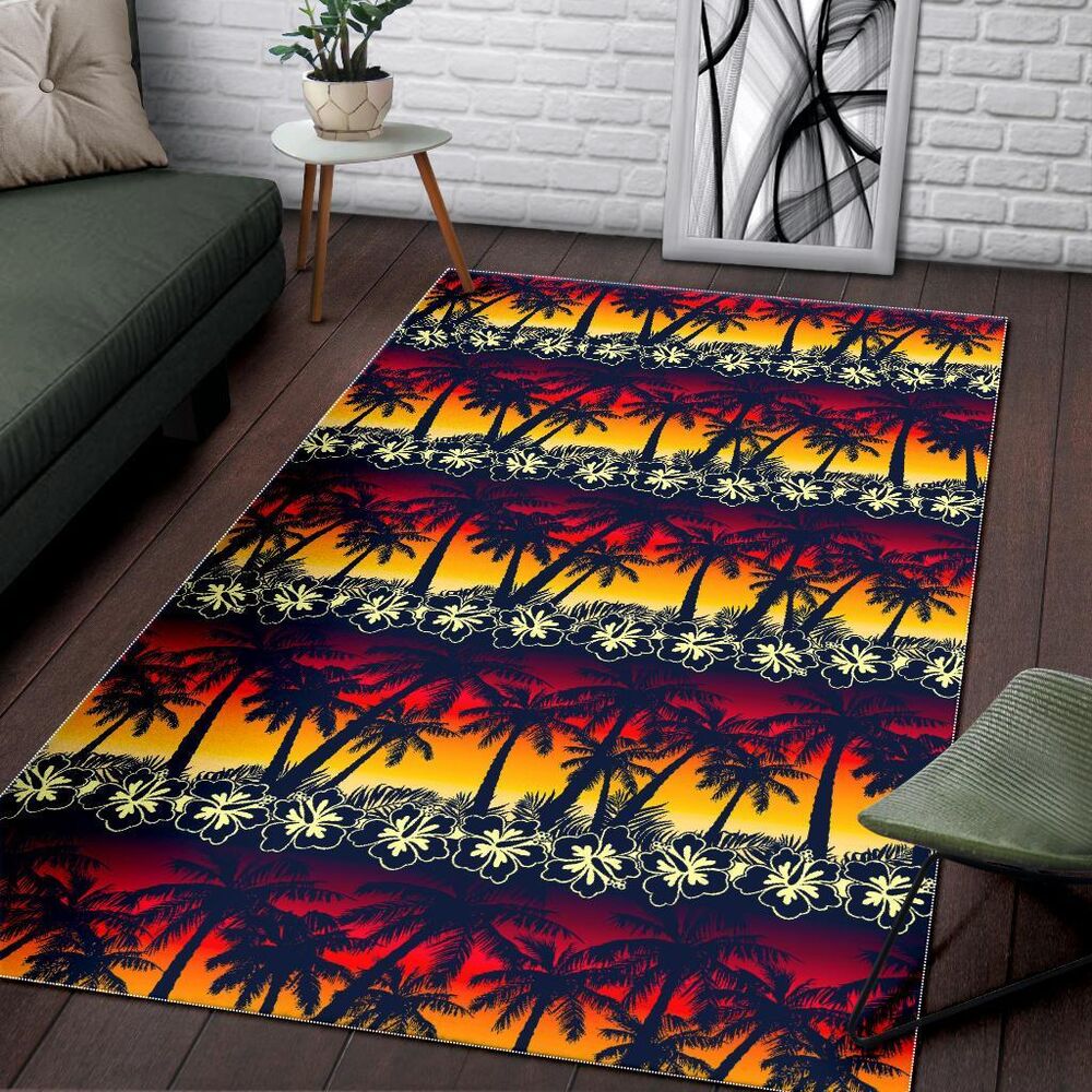 sunset hibiscus palm tree pattern print area rug floor decor 2716