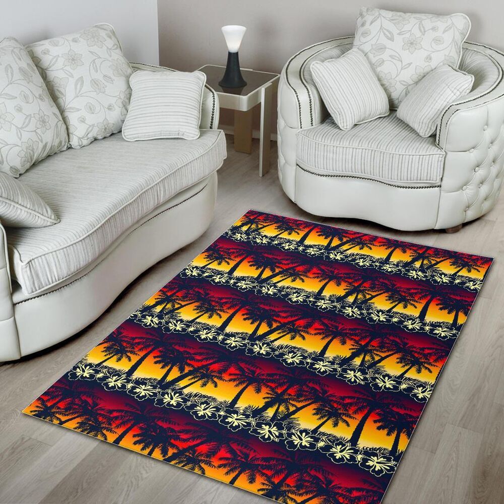 sunset hibiscus palm tree pattern print area rug floor decor 7865