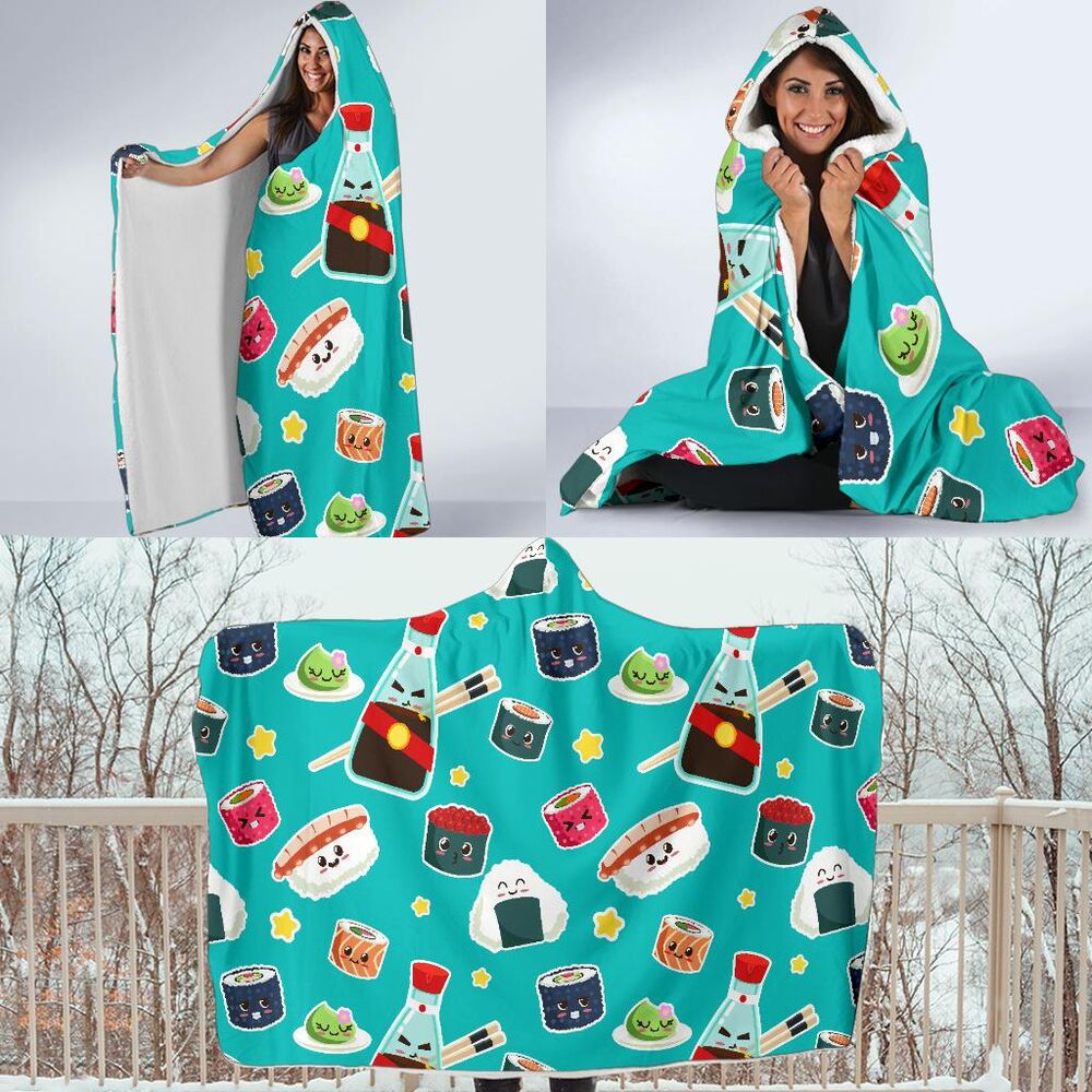 Sushi Pattern Print Hooded Blanket Cloak Blanket sushi pattern print hooded blanket cloak blanket 1579