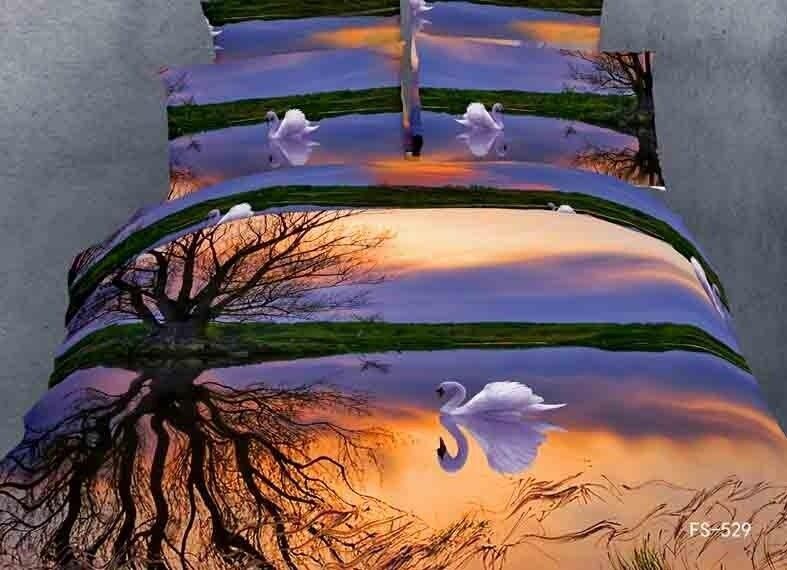 swan sunrise printed bedding set bedroom decor 4220