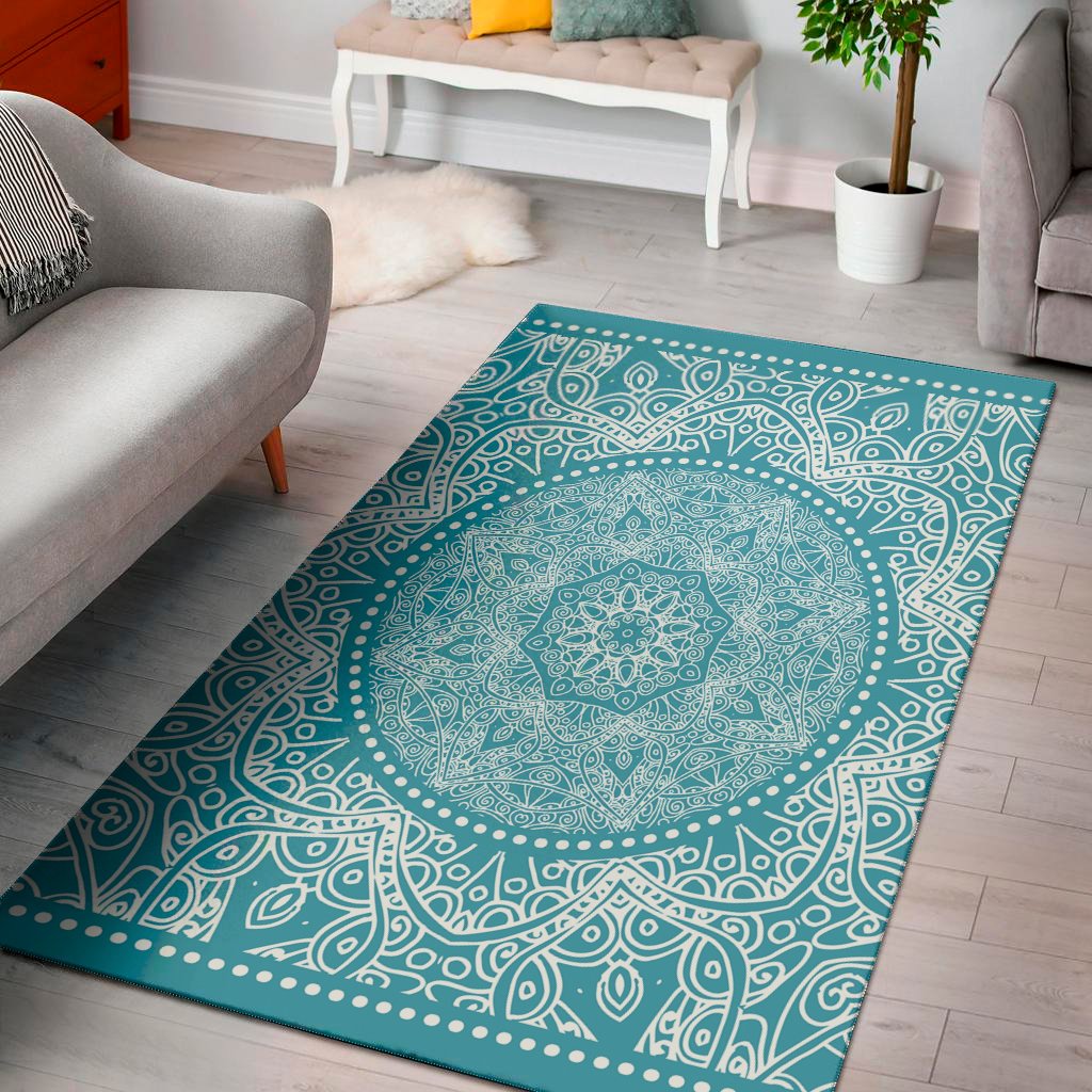 teal and white mandala print area rug floor decor 4522