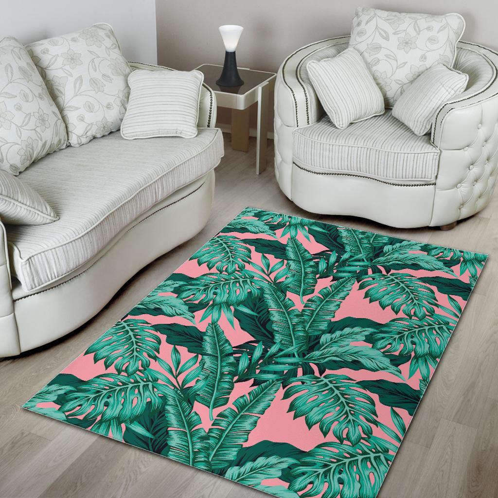 teal banana leaves pattern print area rug floor decor 4574