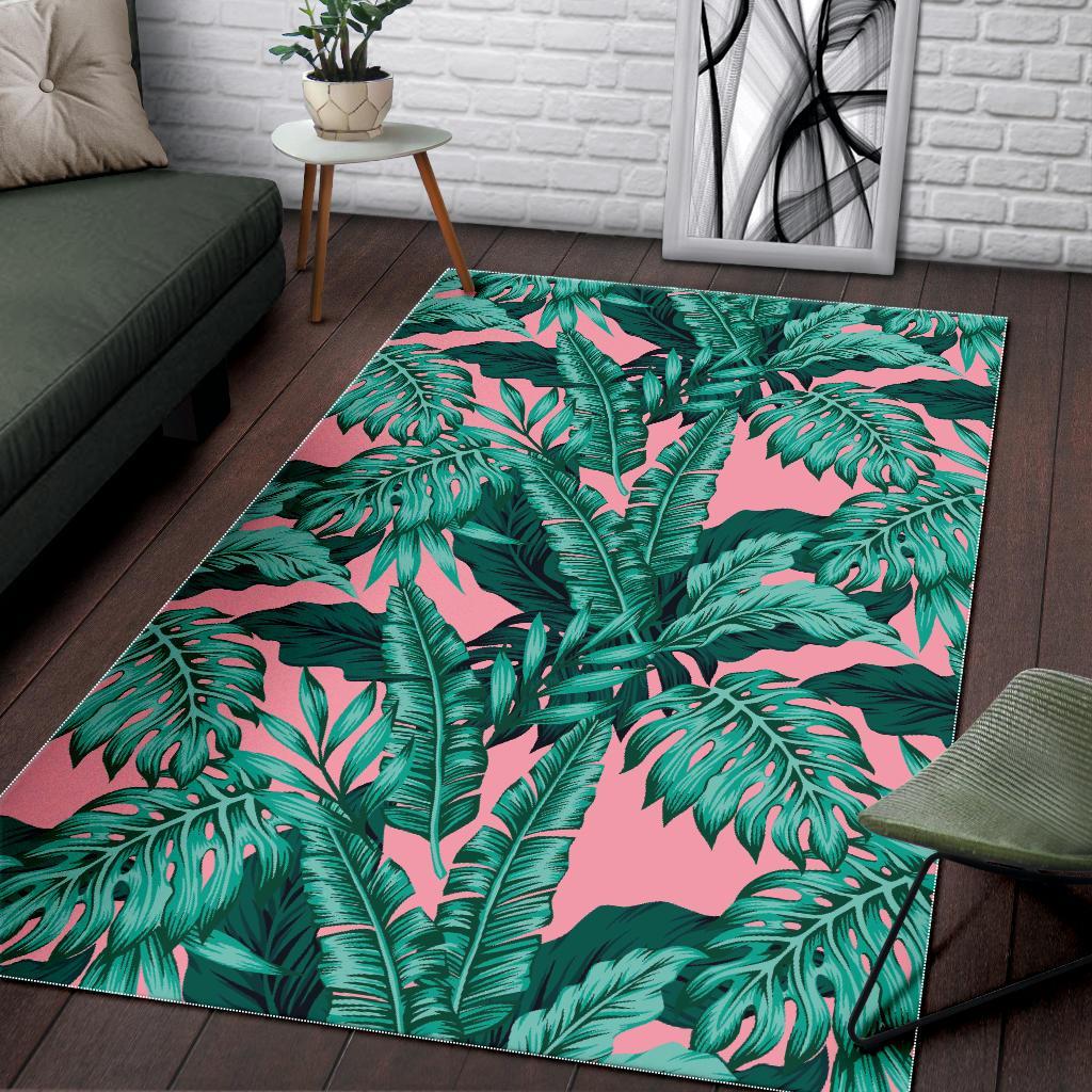 teal banana leaves pattern print area rug floor decor 7298