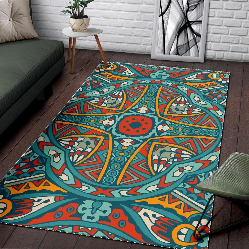 Teal Bohemian Mandala Pattern Print Area Rug Floor Decor teal bohemian mandala pattern print area rug floor decor 1852