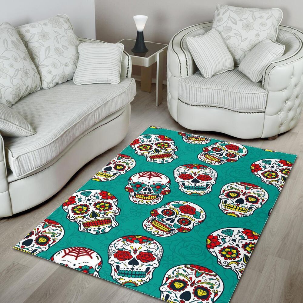 Teal Sugar Skull Pattern Print Area Rug Floor Decor teal sugar skull pattern print area rug floor decor 4994
