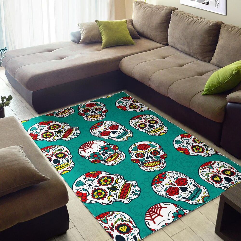 Teal Sugar Skull Pattern Print Area Rug Floor Decor teal sugar skull pattern print area rug floor decor 5985