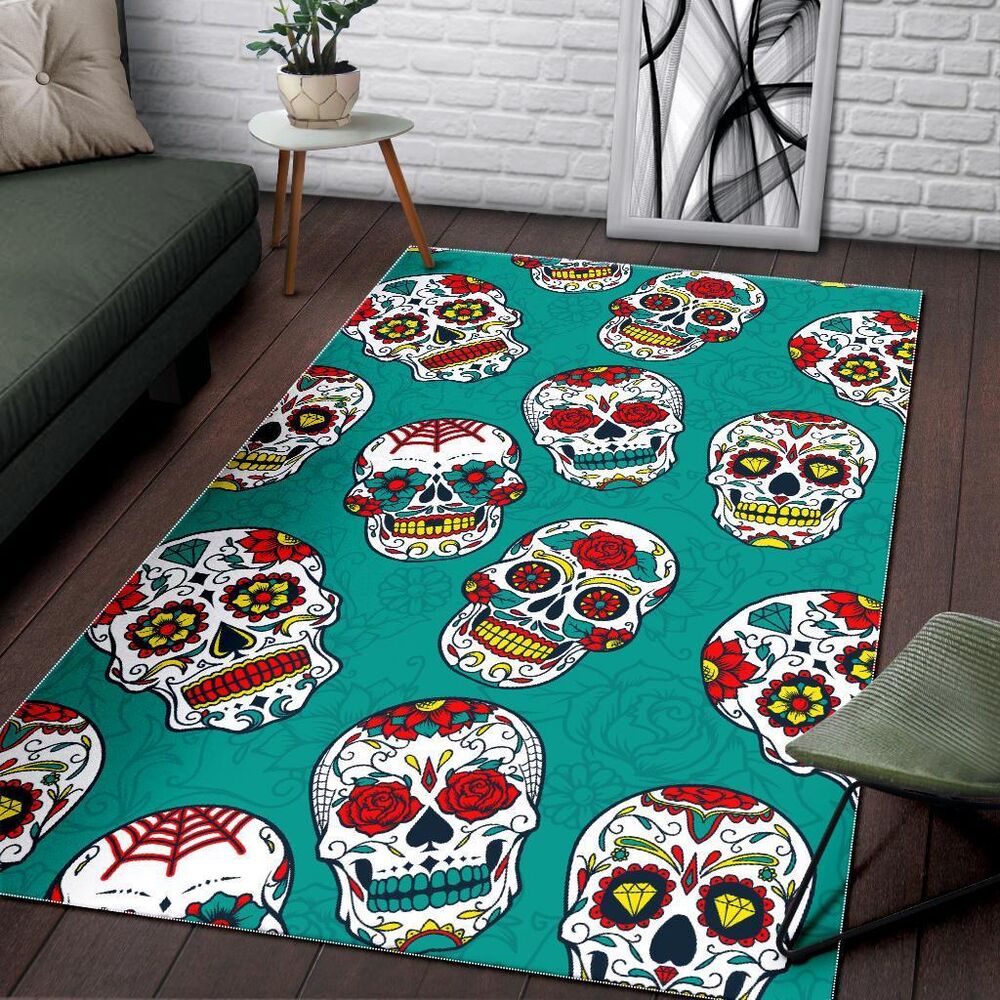 Teal Sugar Skull Pattern Print Area Rug Floor Decor teal sugar skull pattern print area rug floor decor 6950