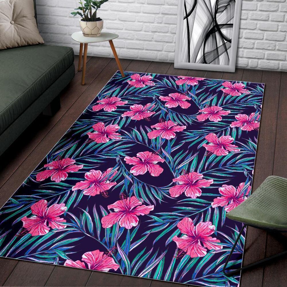 teal tropical hibiscus pattern print area rug floor decor 3212