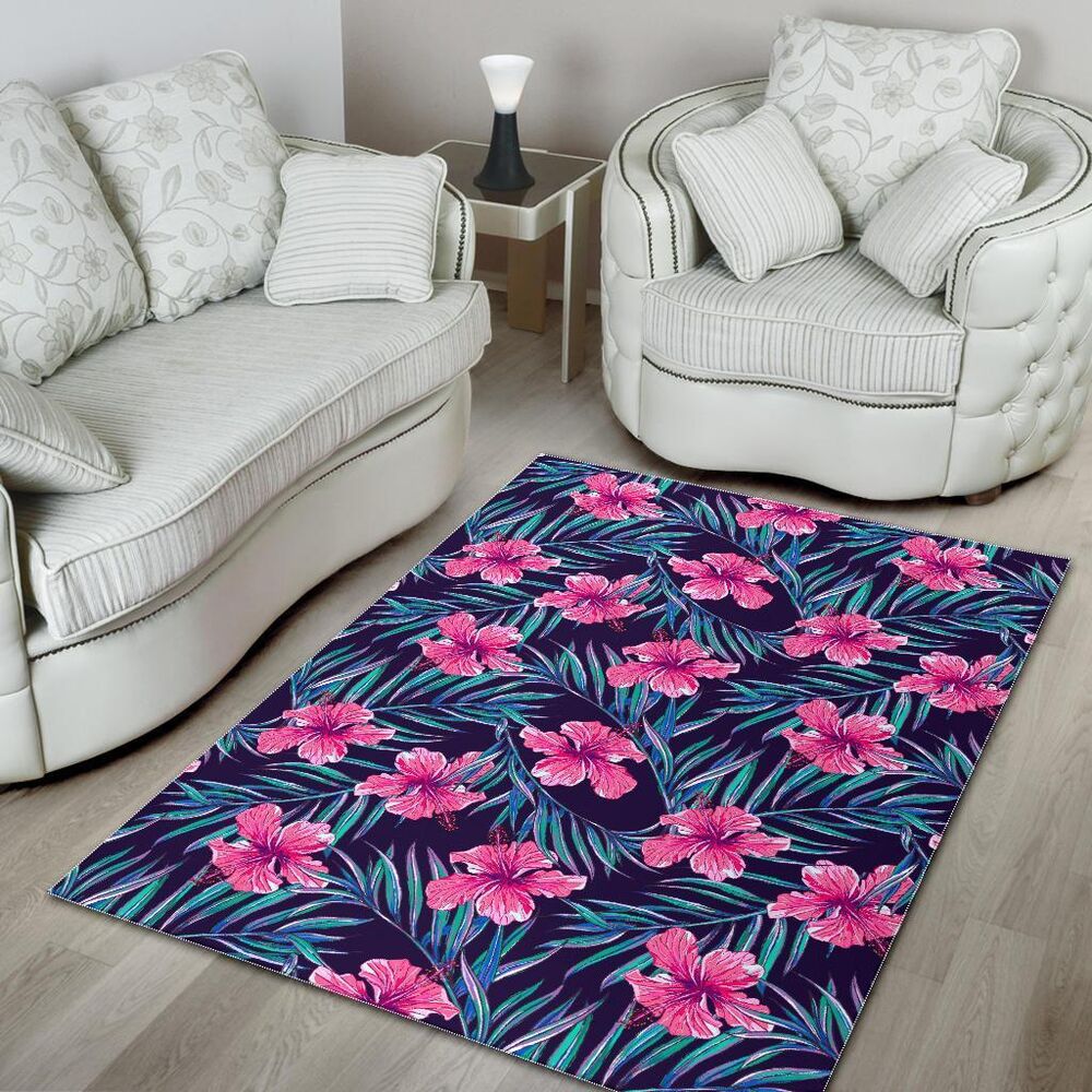 teal tropical hibiscus pattern print area rug floor decor 8484