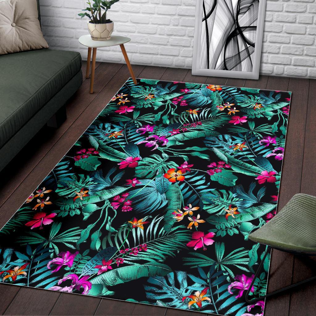 teal tropical leaf hawaii pattern print area rug floor decor 2420