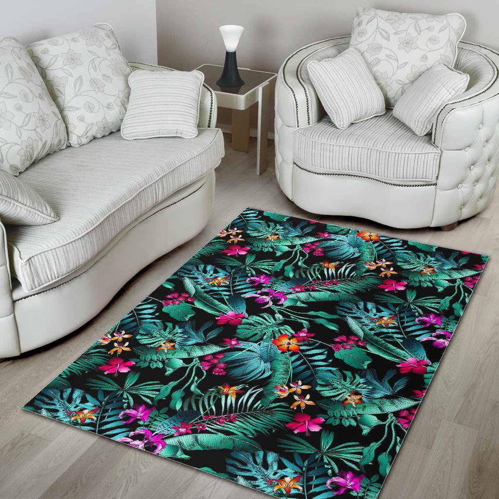 teal tropical leaf hawaii pattern print area rug floor decor 3916