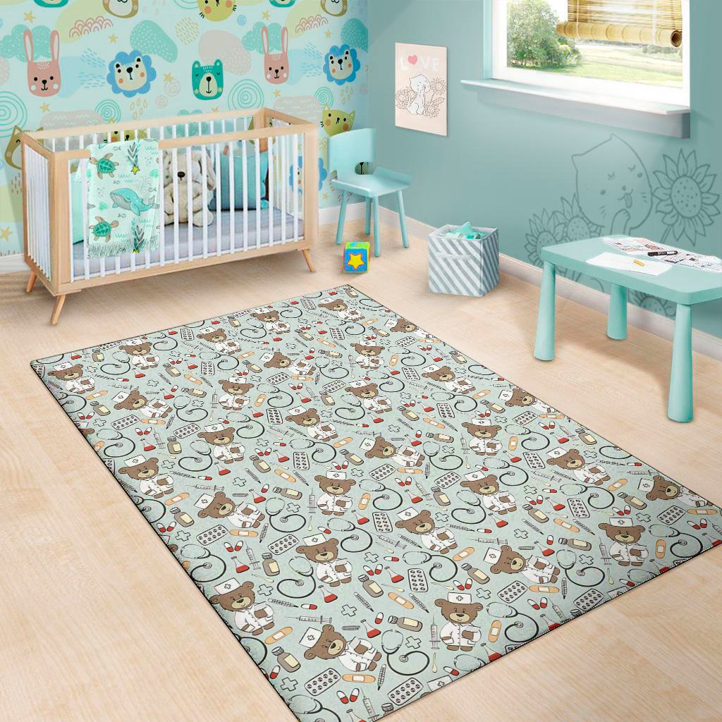 teddy bear doctor pattern print area rug floor decor 8475