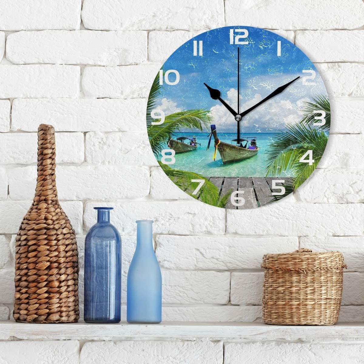tropical beach sea boat sunny nature seashore decorative wall clock 7174