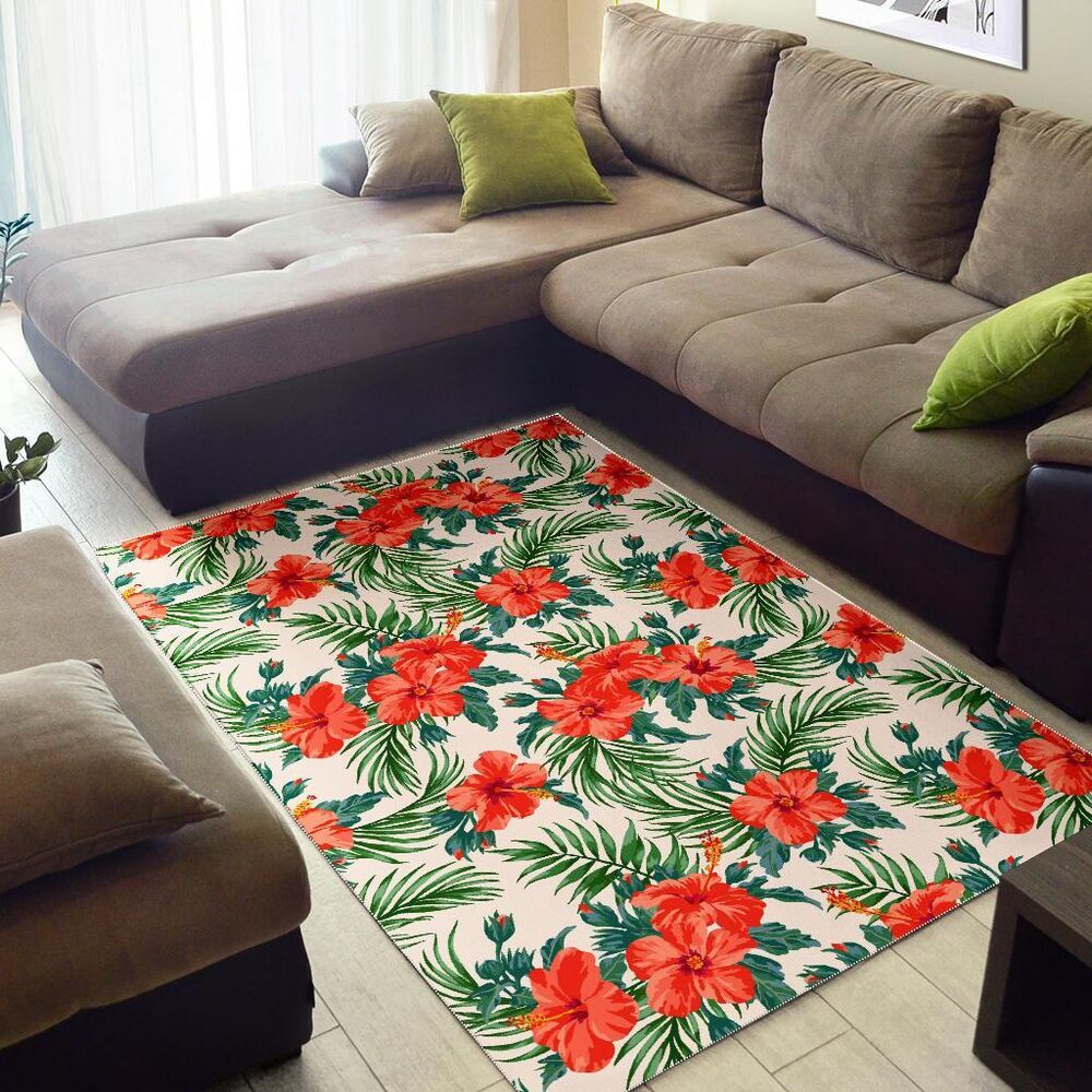 Tropical Hibiscus Blossom Pattern Print Area Rug Floor Decor tropical hibiscus blossom pattern print area rug floor decor 1226