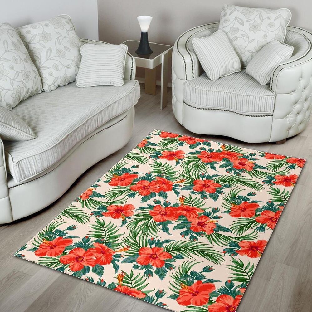 Tropical Hibiscus Blossom Pattern Print Area Rug Floor Decor tropical hibiscus blossom pattern print area rug floor decor 2459