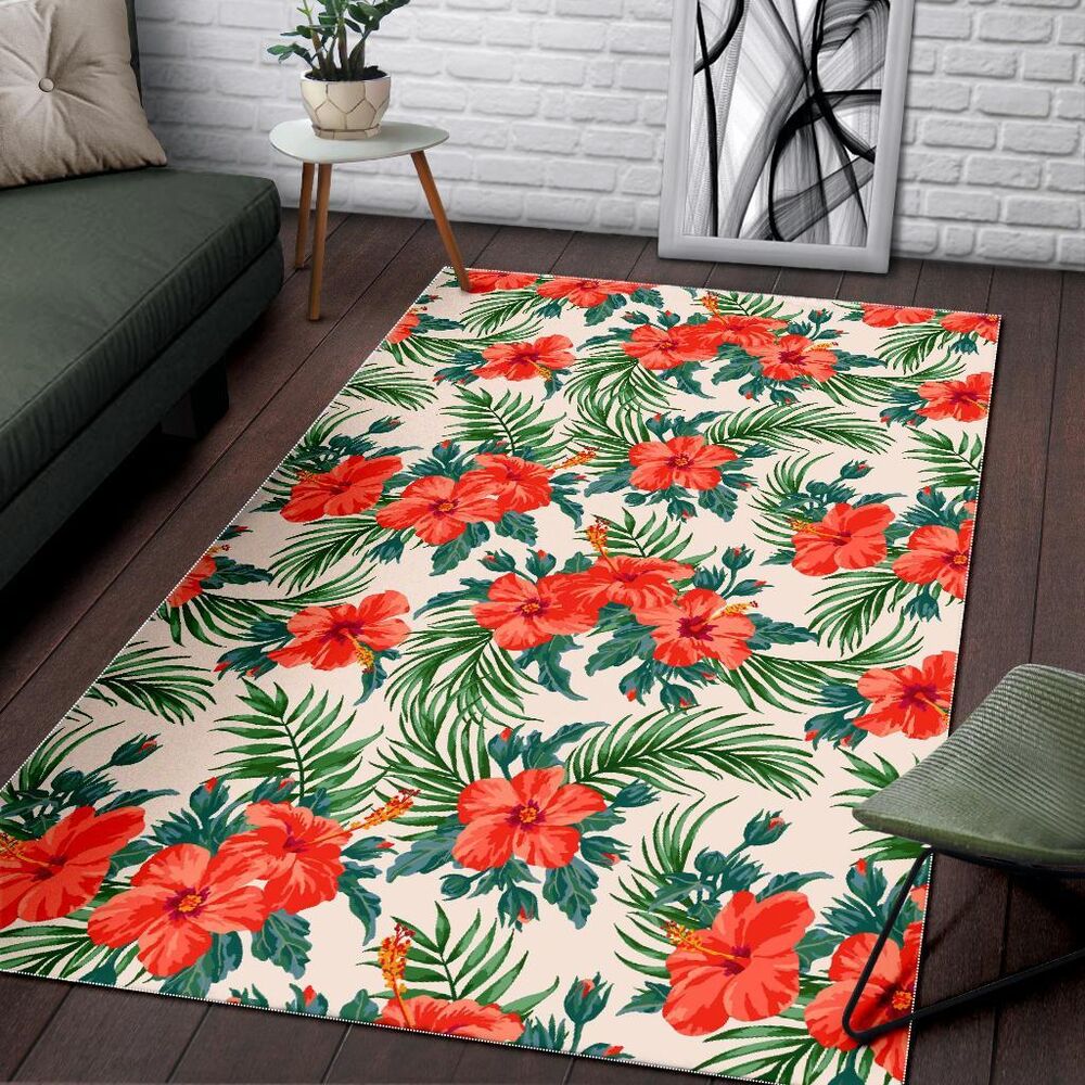 Tropical Hibiscus Blossom Pattern Print Area Rug Floor Decor tropical hibiscus blossom pattern print area rug floor decor 8516