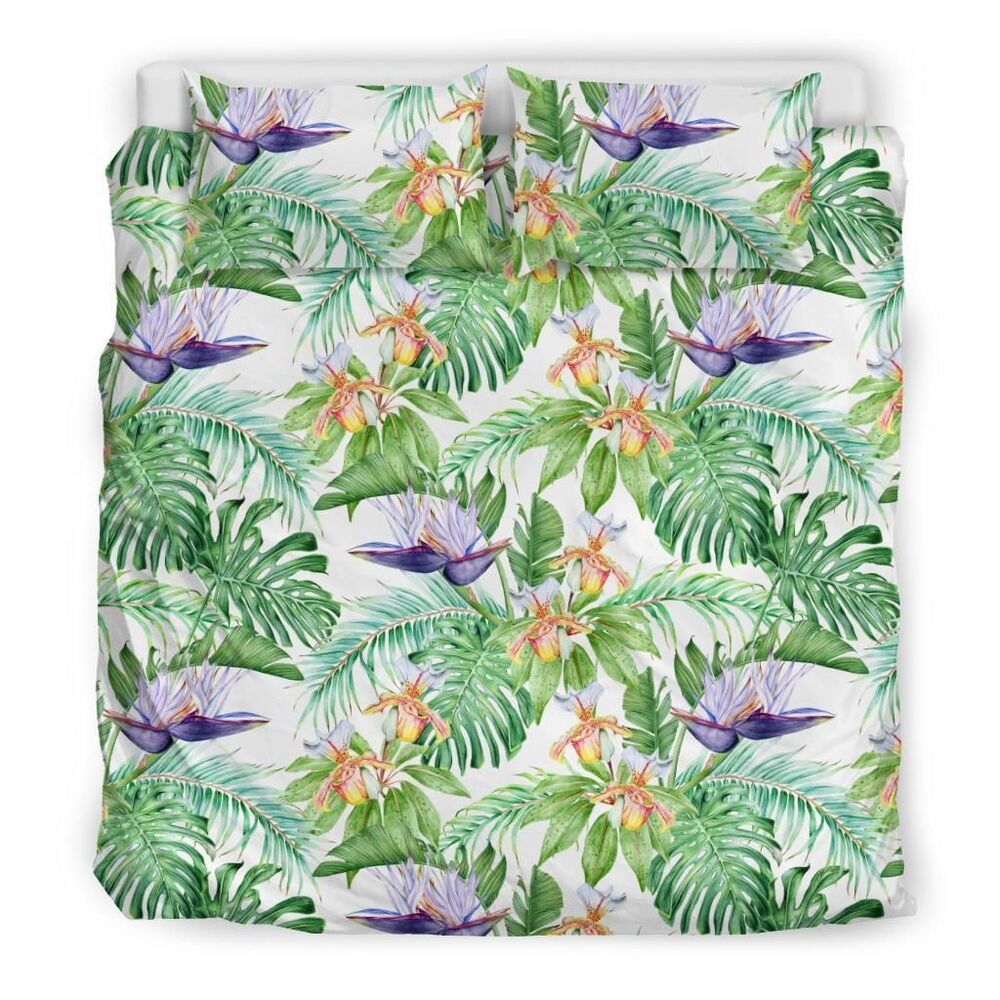 Tropical Orange Orchids Strelitzia Monstera Pattern Duvet Cover Bedding Set tropical orange orchids strelitzia monstera pattern duvet cover bedding set 1782