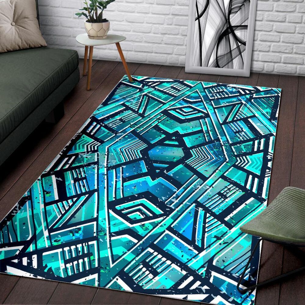 turquoise ethnic aztec trippy print area rug floor decor 1272