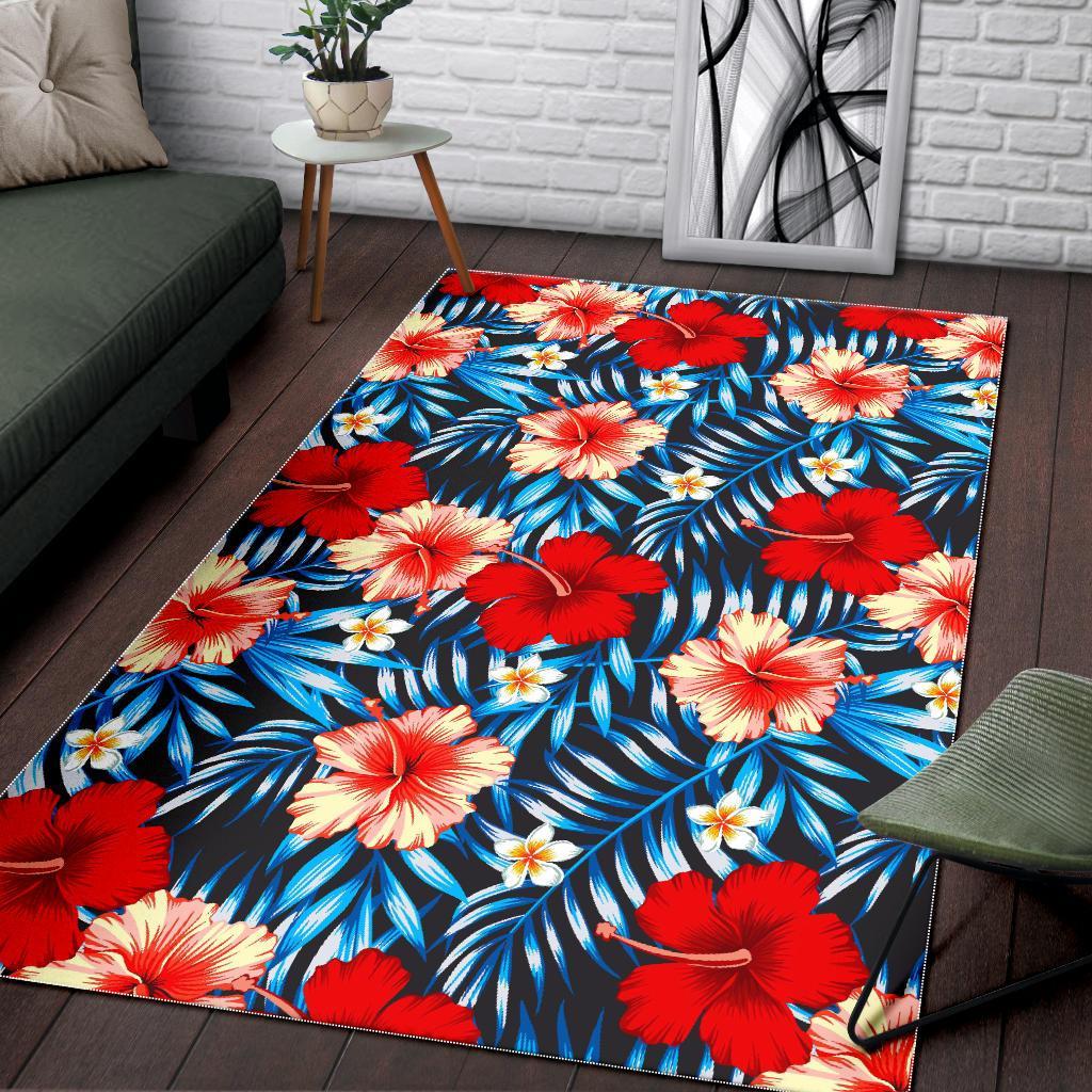 turquoise leaves hibiscus pattern print area rug floor decor 1878