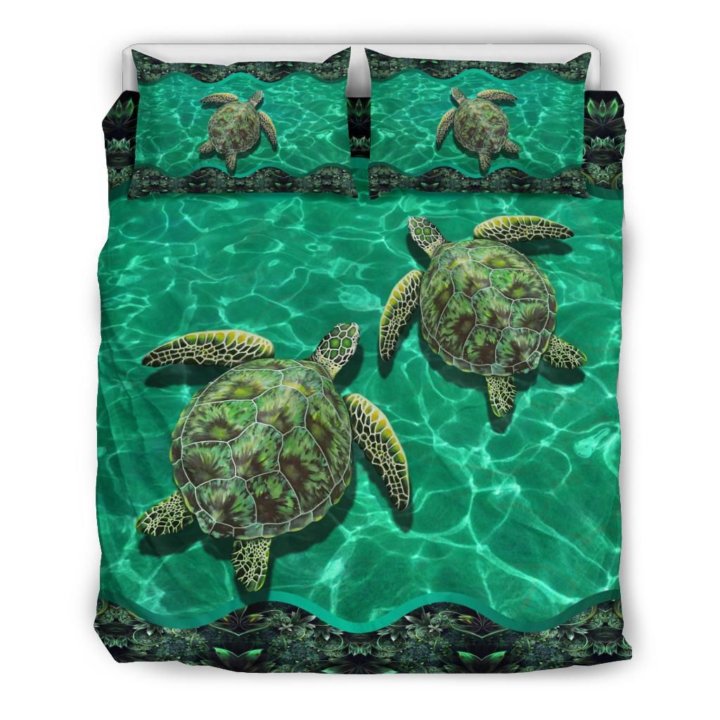 turtle happily swim together green duvet bedding set 2542