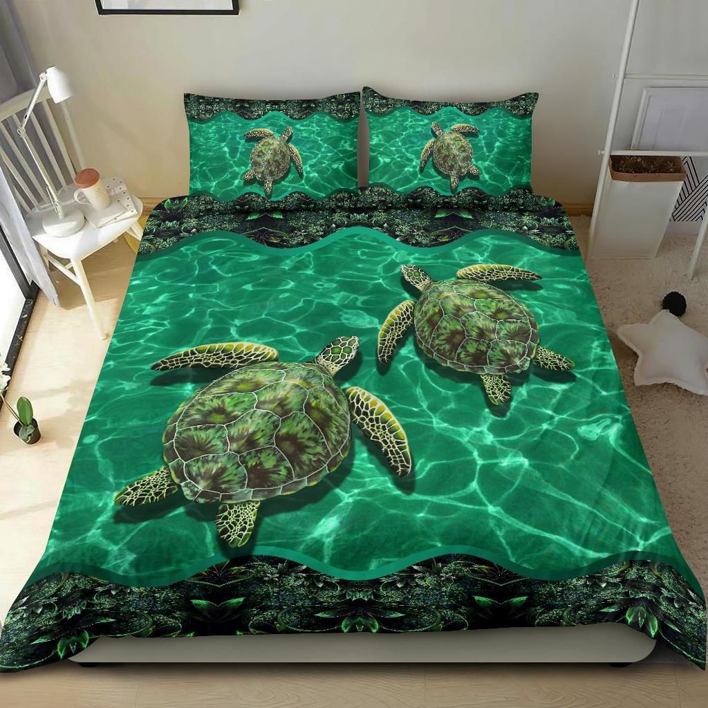 turtle happily swim together green duvet bedding set 4103