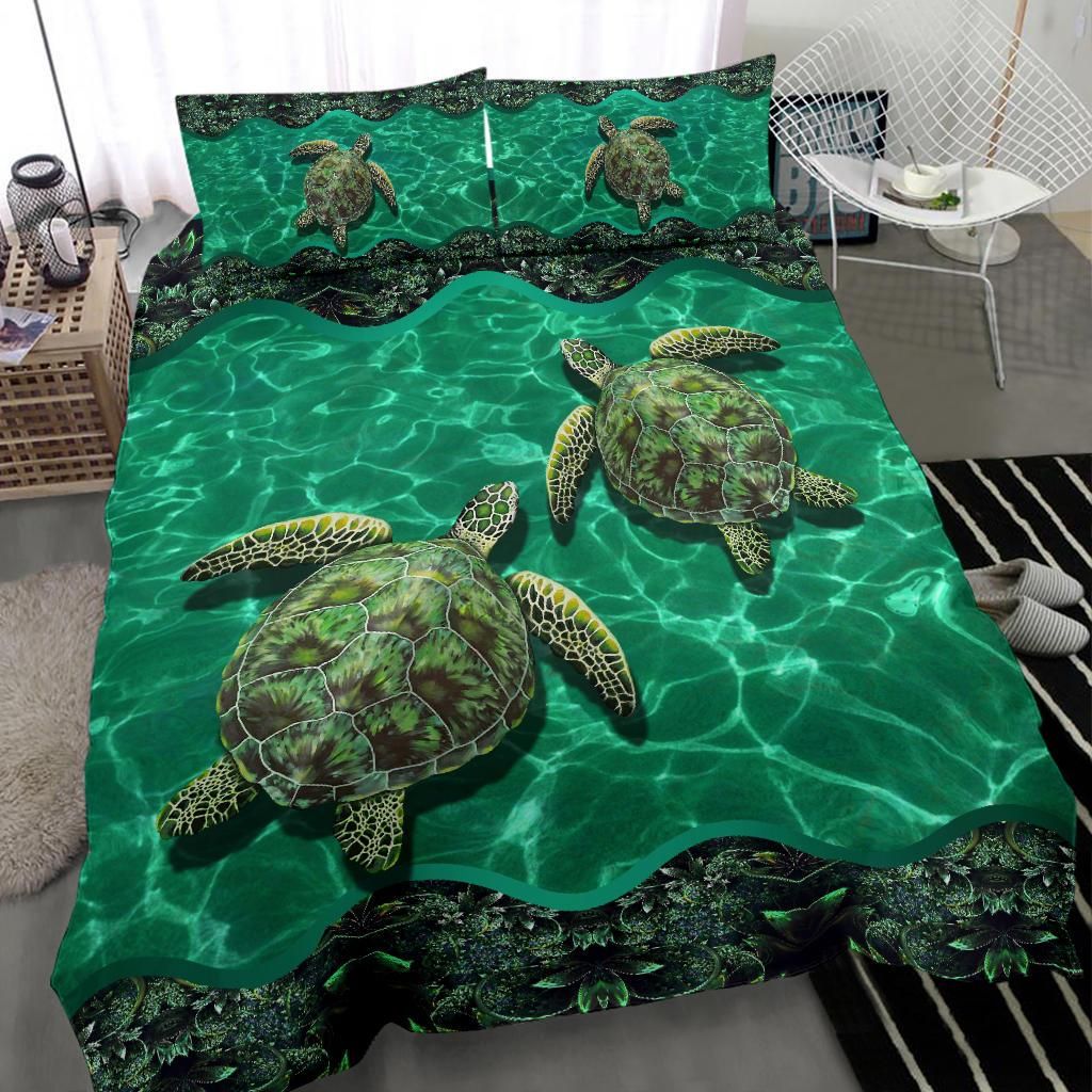 turtle happily swim together green duvet bedding set 4265