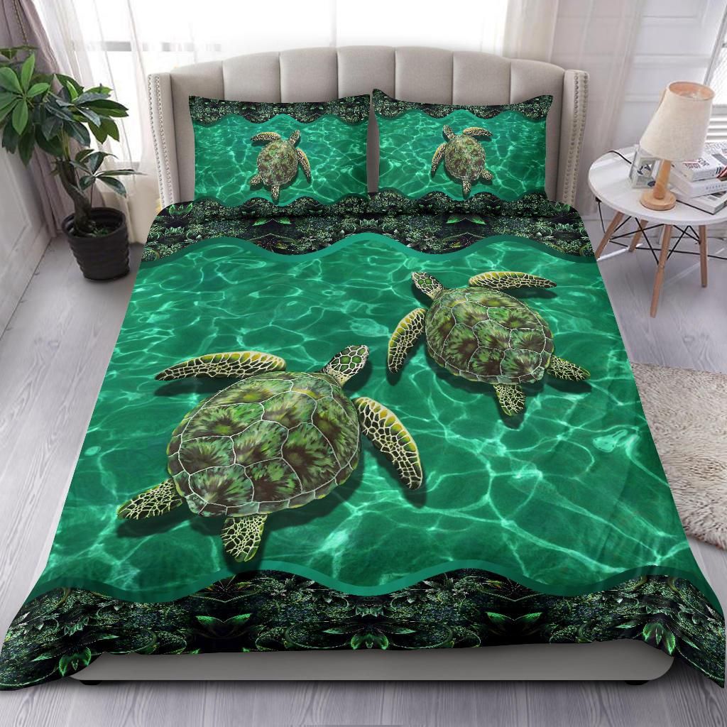 turtle happily swim together green duvet bedding set 4880