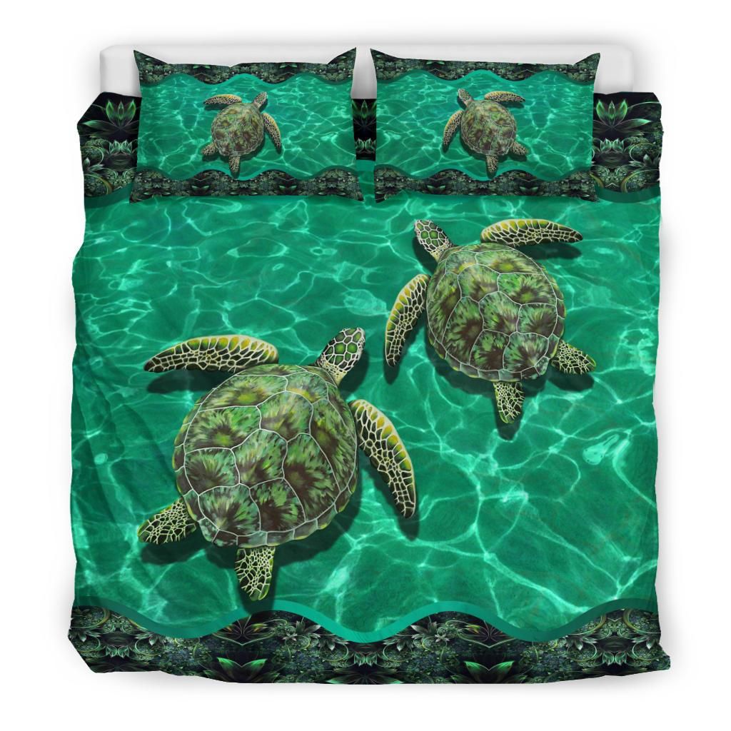 turtle happily swim together green duvet bedding set 6845