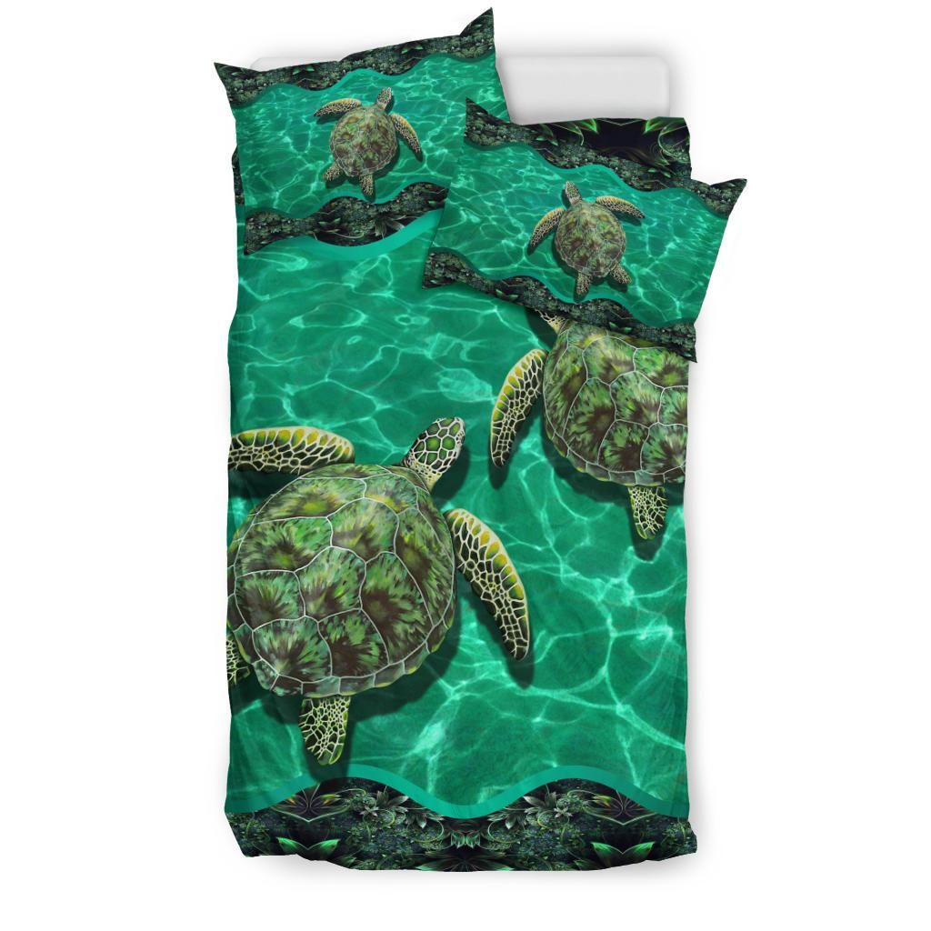 turtle happily swim together green duvet bedding set 8630