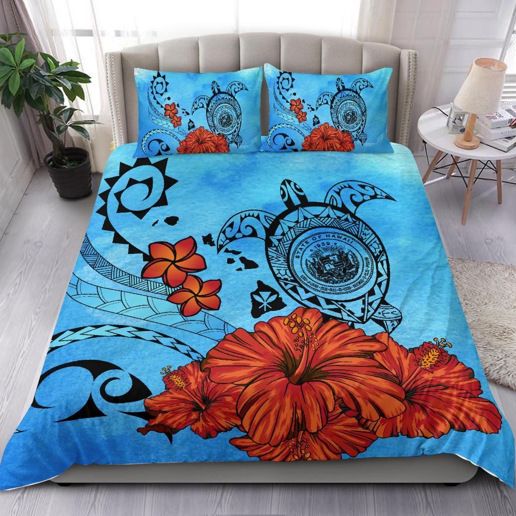 turtle seal of hawaii hibiscus plumeria ocean background duvet cover bedding set 1871