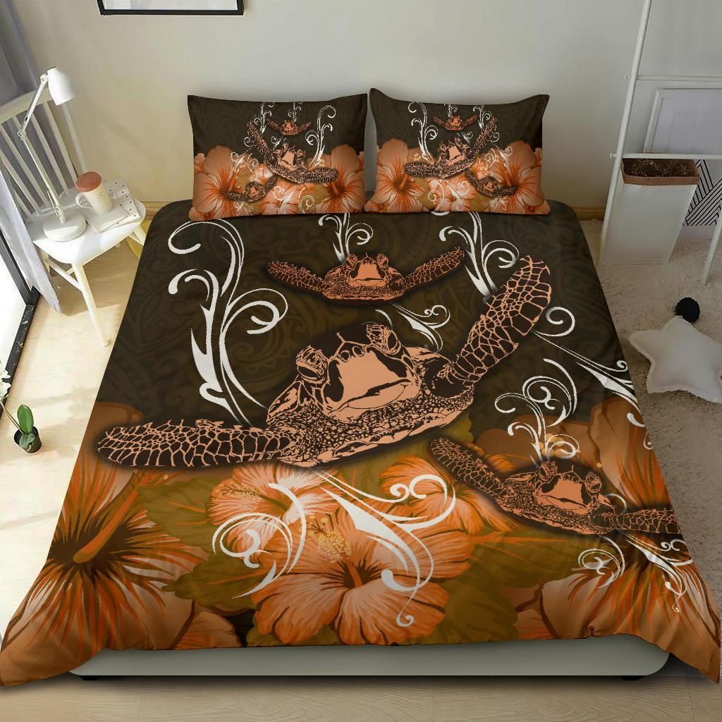 turtle waves hibiscus erik style orange duvet cover bedding set 7089