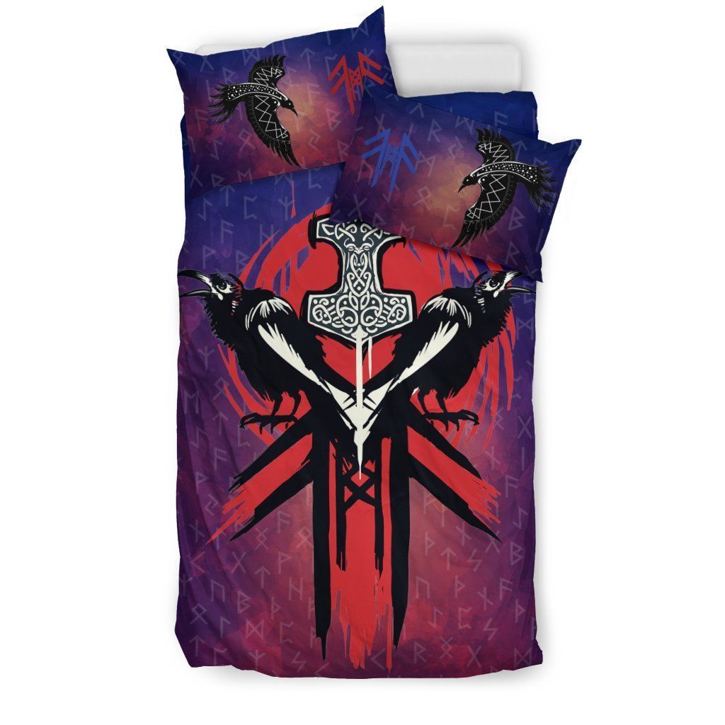 two raven with thors hammer in viking style bedding set bedroom decor 1671
